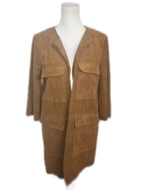 H&M Faux Suede 3/4 Sleeve Open Front Brown Trench Coat Jacket, 8